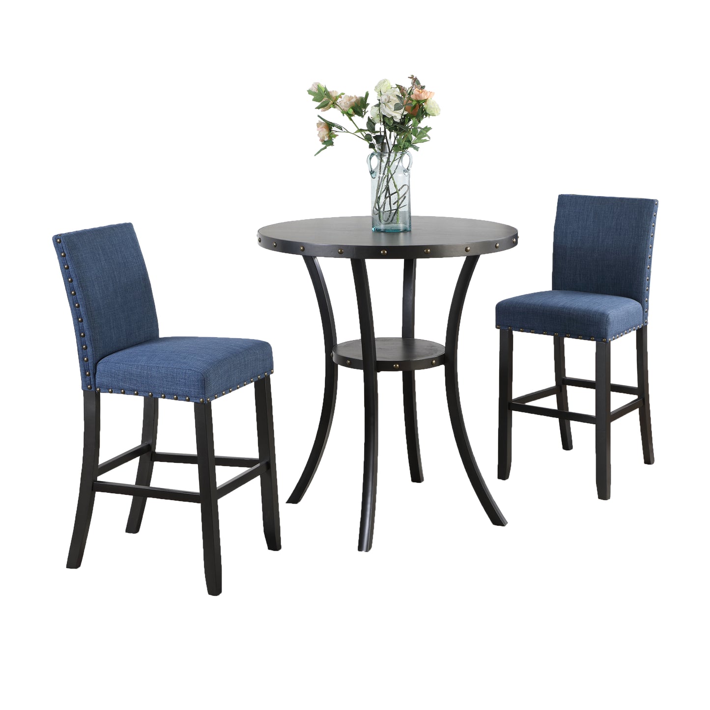 Roundhill Furniture Biony 3-Piece 36 Round Espresso Finish Bar Table with 2 Blue Fabric Nail Head Pub Chairs