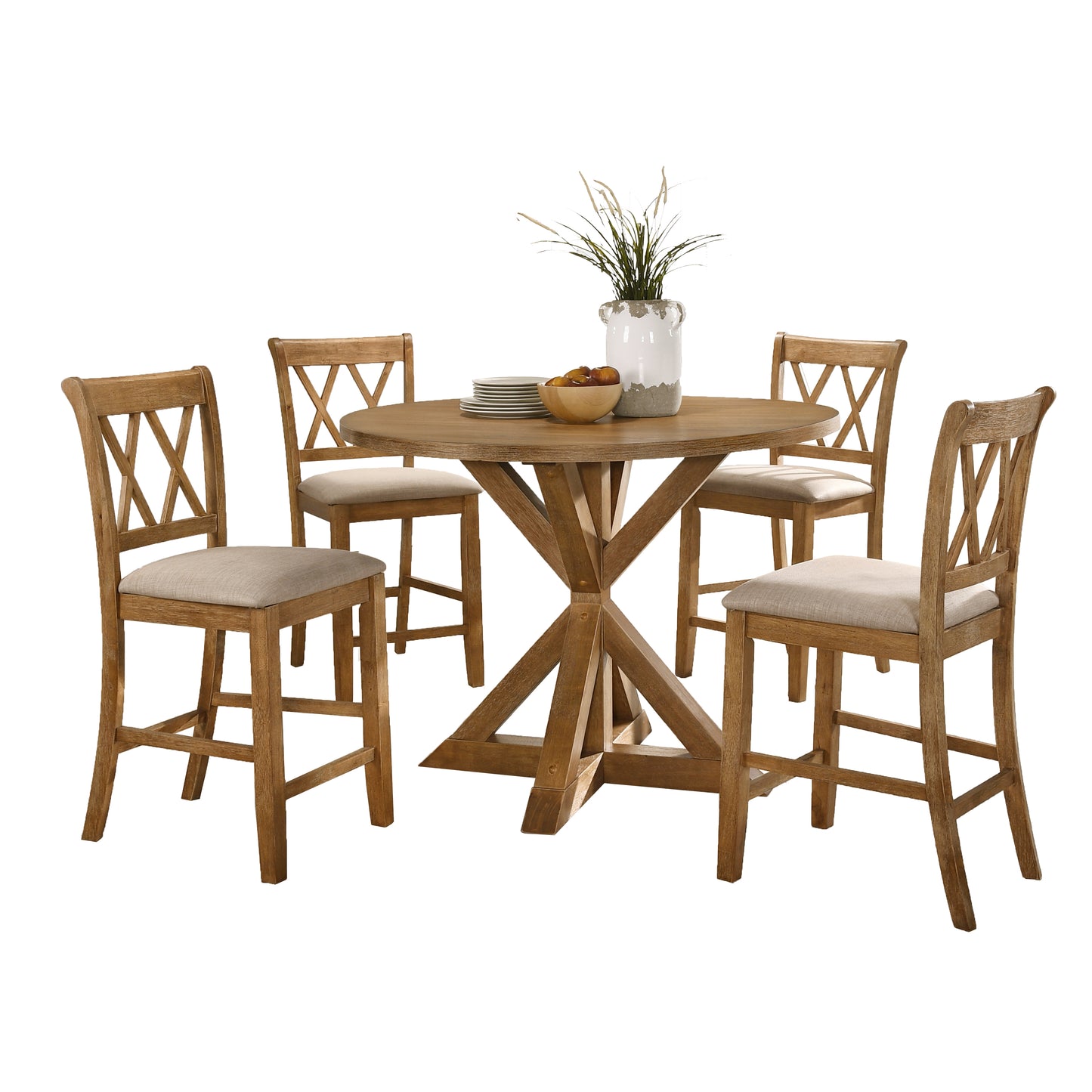 Windvale Cross-Buck Wood 5-Piece Counter Height Dining Set