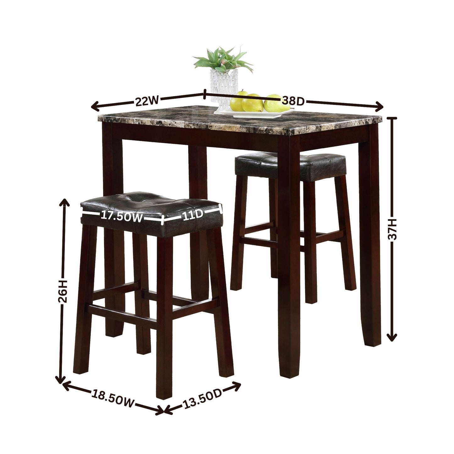 3-piece Counter Height Glossy Print Marble Breakfast Table with Stools