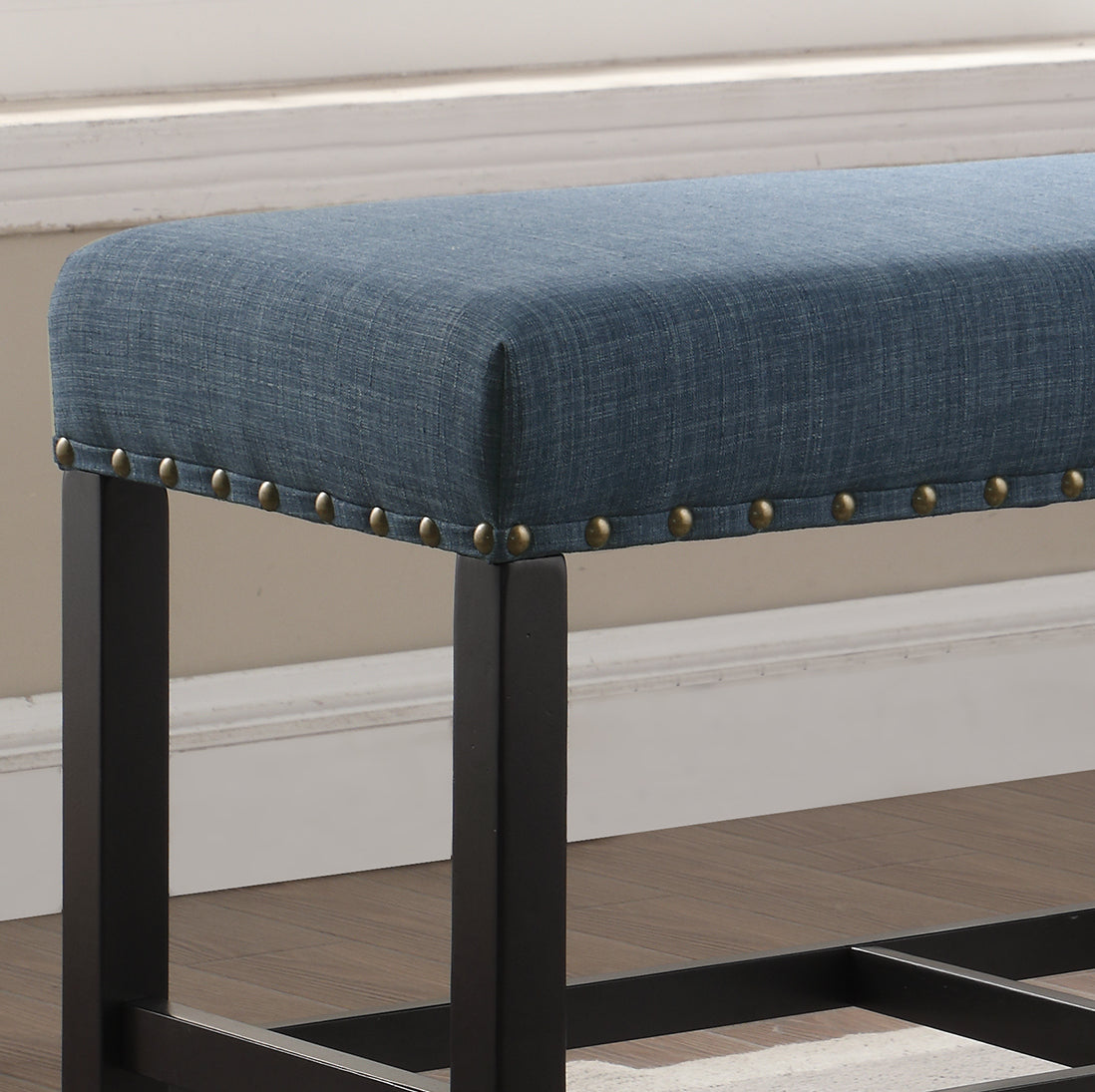 Biony Blue Fabric Counter Height Dining Bench with Nailhead Trim