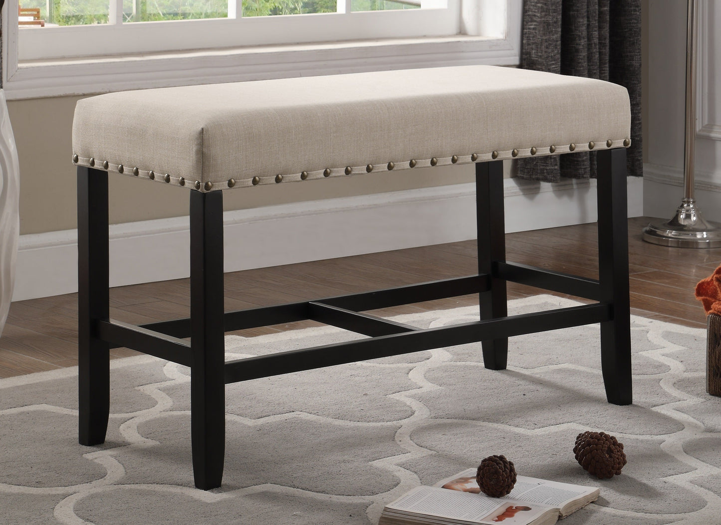Roundhill Furniture Biony Fabric Counter Height Dining Bench with Nailhead Trim, Tan