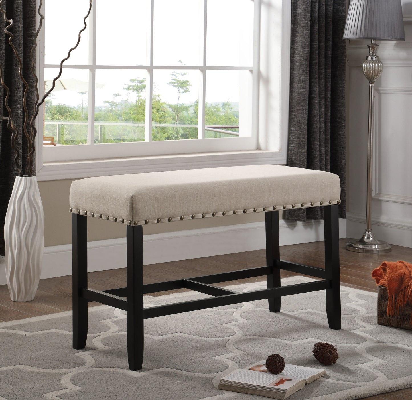 Roundhill Furniture Biony Fabric Counter Height Dining Bench with Nailhead Trim, Tan