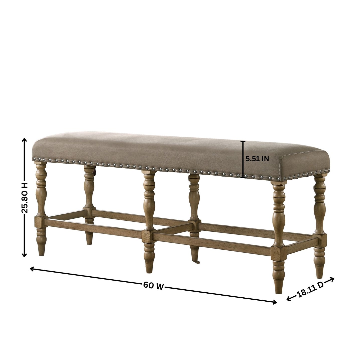 Roundhill Furniture Birmingham Microfiber Upholstered Counter Height Bench with Nail Head Trim in Driftwood Finish