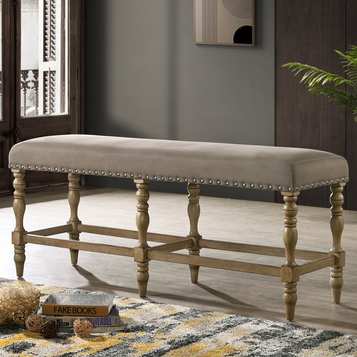 Birmingham Microfiber Upholstered Counter Height Bench with Nail Head Trim in Driftwood Finish