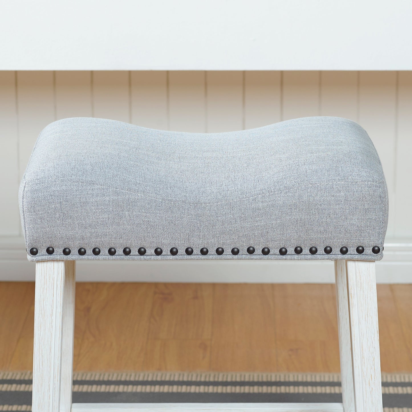 Roundhill Furniture CoCo Upholstered Counter Height Stools - Saddle Seat, White-Washed Finish, Gray Fabric, Set of 2