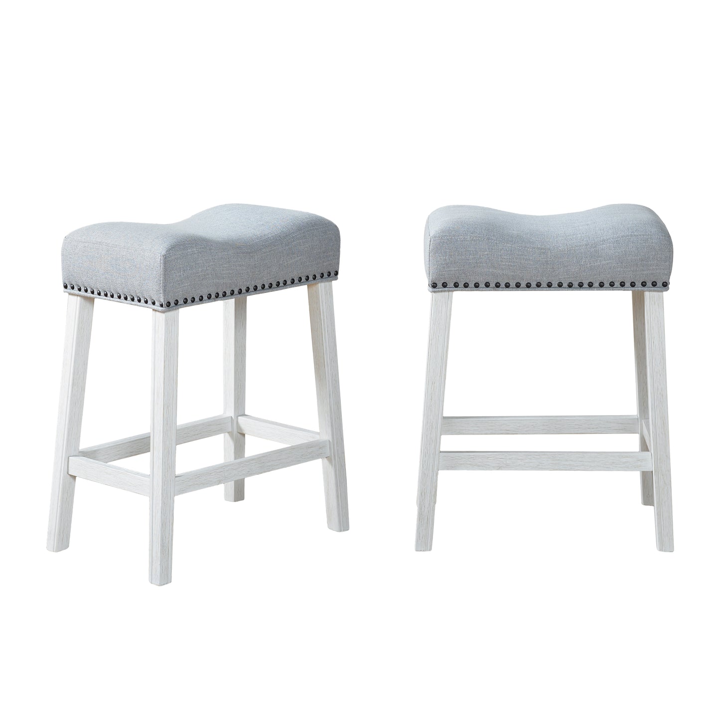 Roundhill Furniture CoCo Upholstered Counter Height Stools - Saddle Seat, White-Washed Finish, Gray Fabric, Set of 2