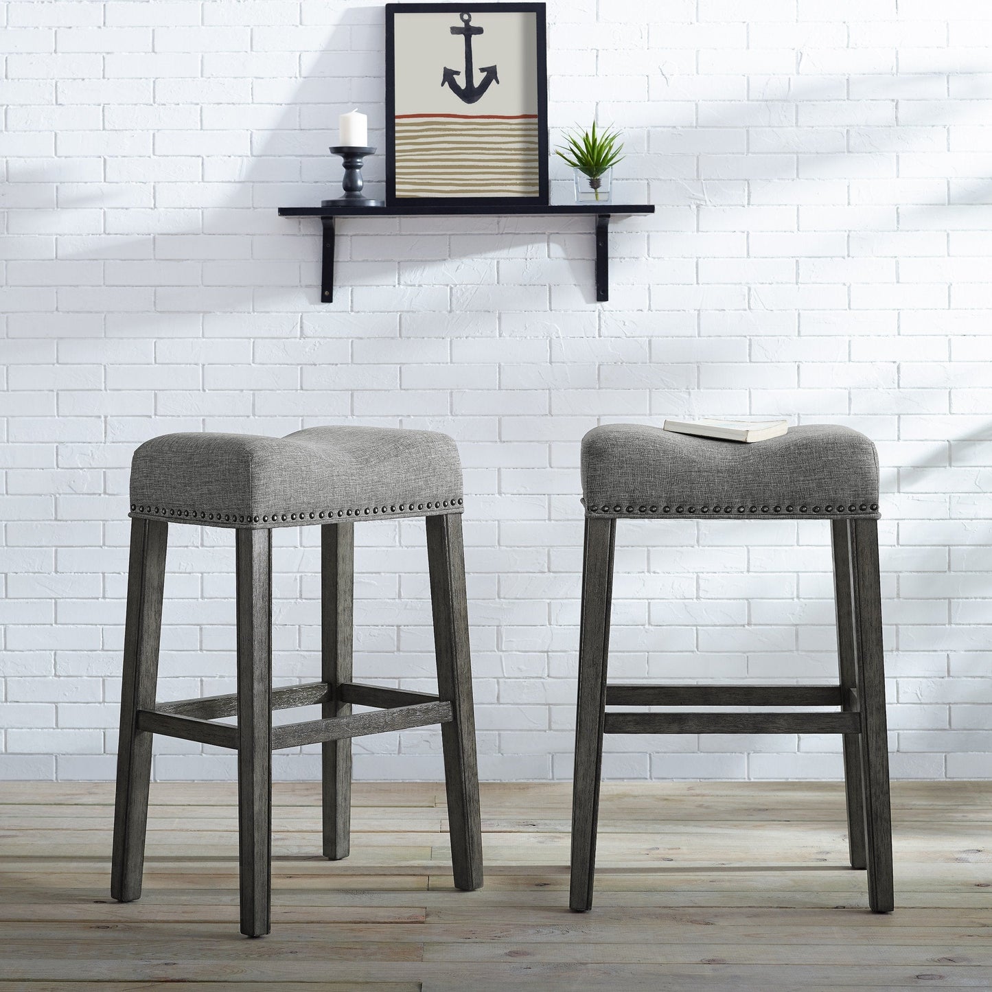 Roundhill Furniture CoCo Upholstered Backless Saddle Seat Bar Stools 29 height, Gray, Set of 2