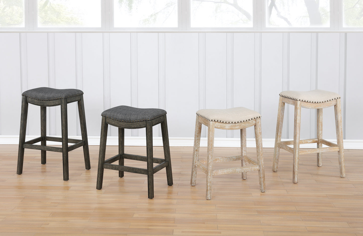 Maroni Faric Upholstery Nailheaded Saddle Barstool in Gray, Set of 2