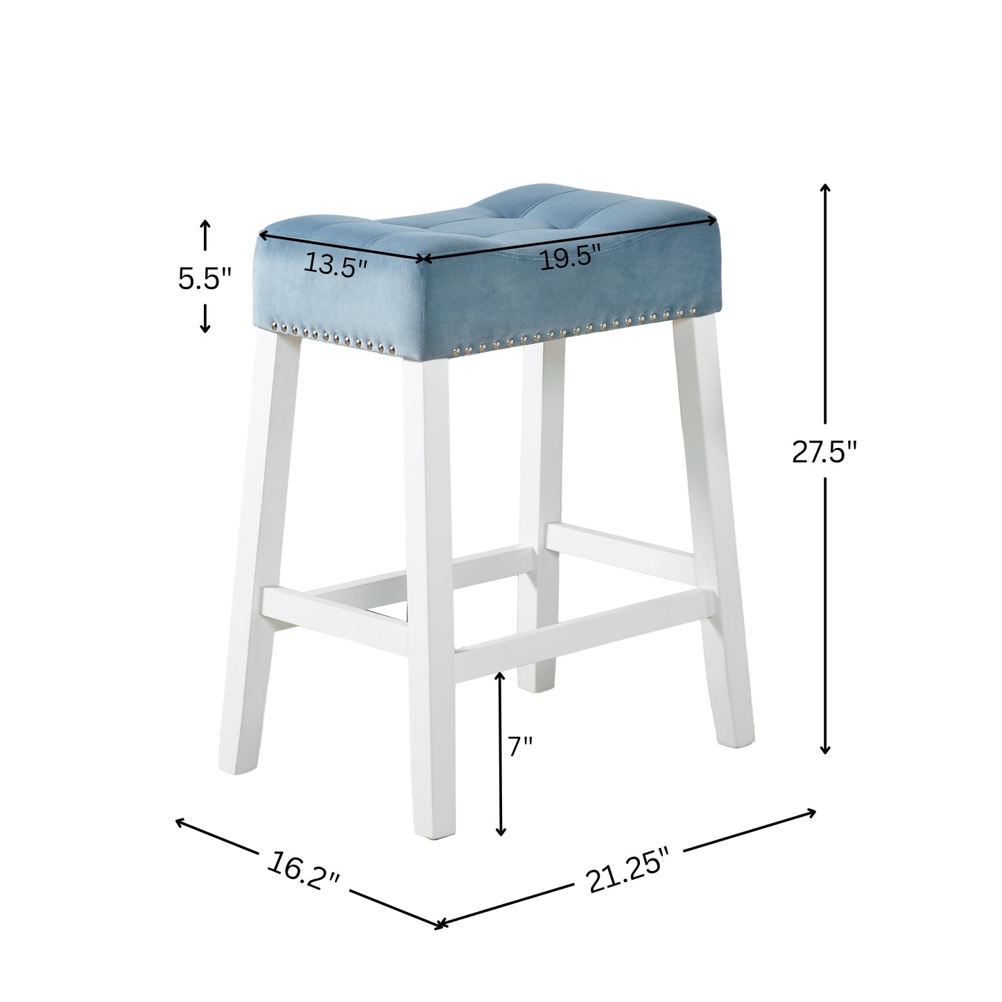 Roundhill Furniture Morovo Set of 2 Velvet Counter Height Stools with Tufted Saddle Seats, White-Wash Finish, Blue