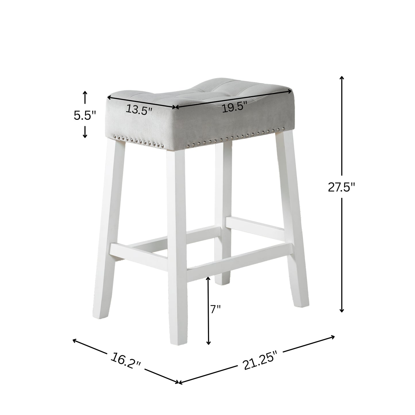 Roundhill Furniture Morovo Set of 2 Velvet Counter Height Stools with Tufted Saddle Seats, White-Wash Finish, Gray
