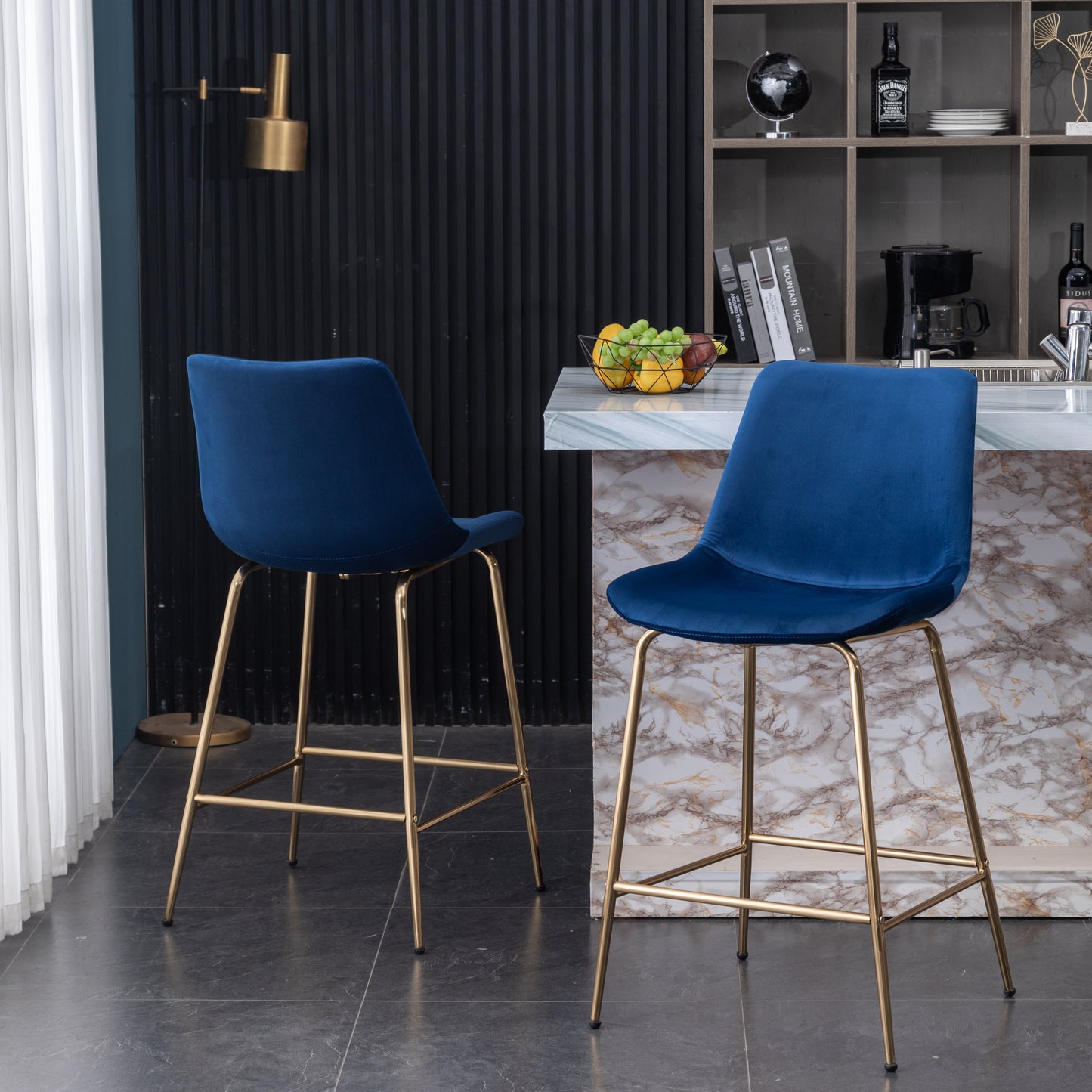 Roundhill Furniture Aufurr Modern Velvet 26.50 Counter Height Stool, Blue, Set of 2
