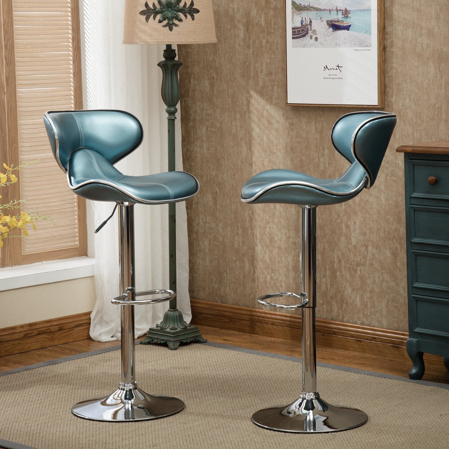Roundhill Furniture Masaccio Cushioned Leatherette Upholstery Airlift Adjustable Swivel Barstool with Chrome Base, Blue, Set of 2