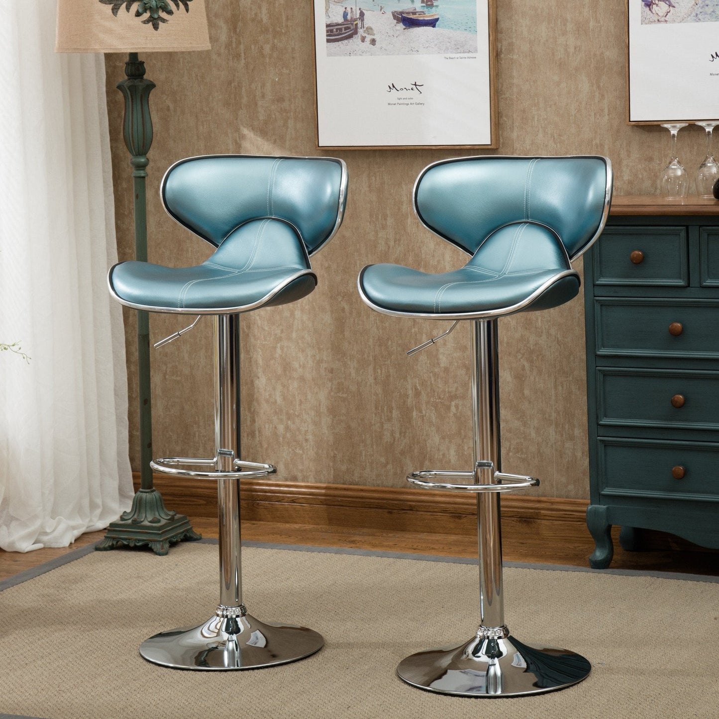 Roundhill Furniture Masaccio Cushioned Leatherette Upholstery Airlift Adjustable Swivel Barstool with Chrome Base, Blue, Set of 2