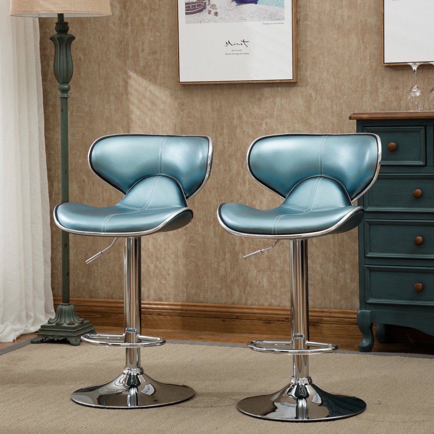 Roundhill Furniture Masaccio Cushioned Leatherette Upholstery Airlift Adjustable Swivel Barstool with Chrome Base, Blue, Set of 2