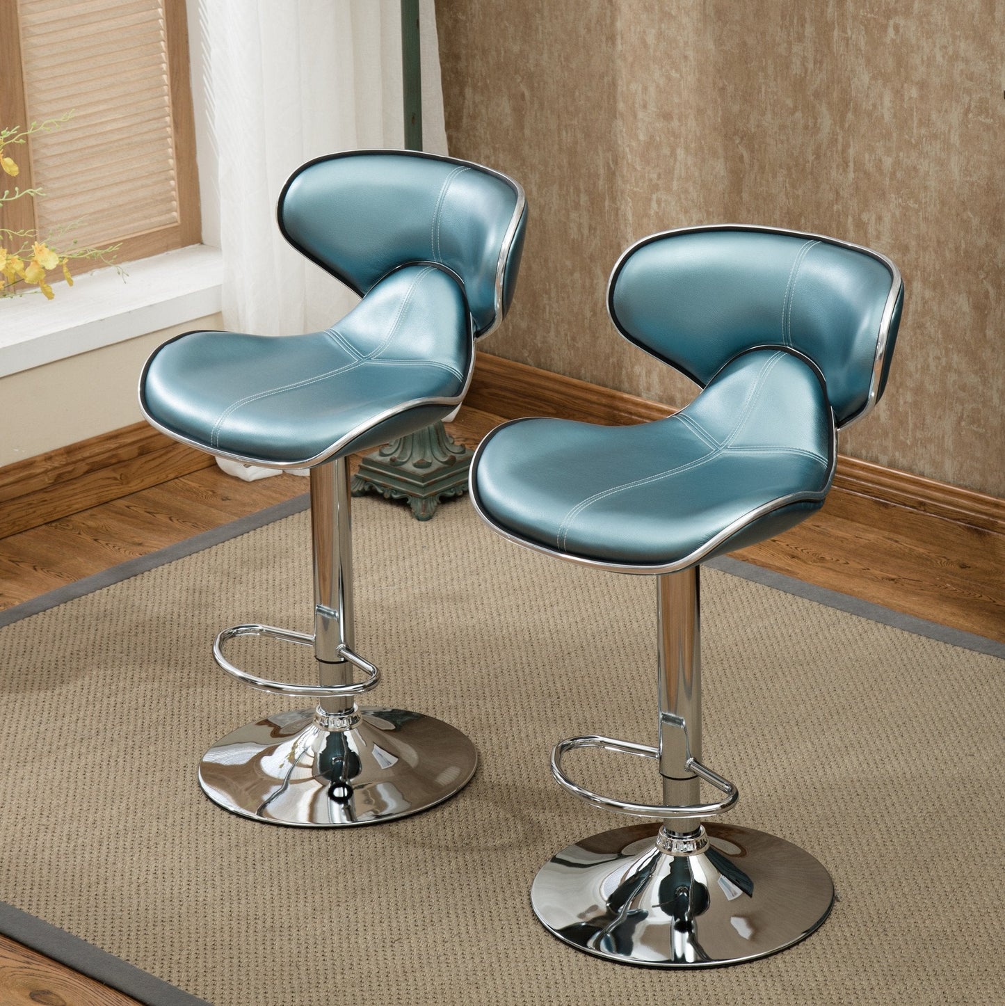 Roundhill Furniture Masaccio Cushioned Leatherette Upholstery Airlift Adjustable Swivel Barstool with Chrome Base, Blue, Set of 2