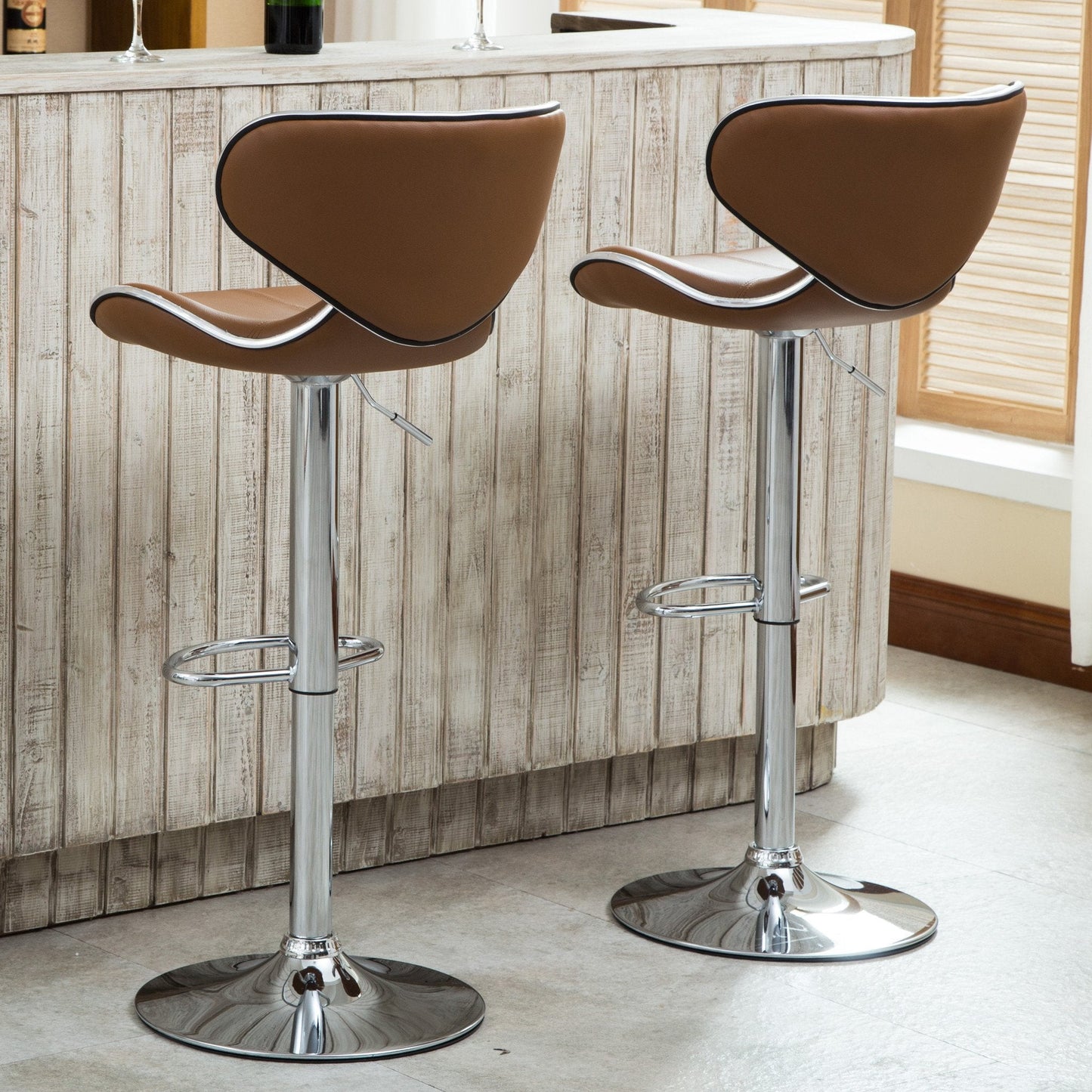 Roundhill Furniture Masaccio Cushioned Leatherette Upholstery Airlift Adjustable Swivel Barstool with Chrome Base, Caramel, Set of 2
