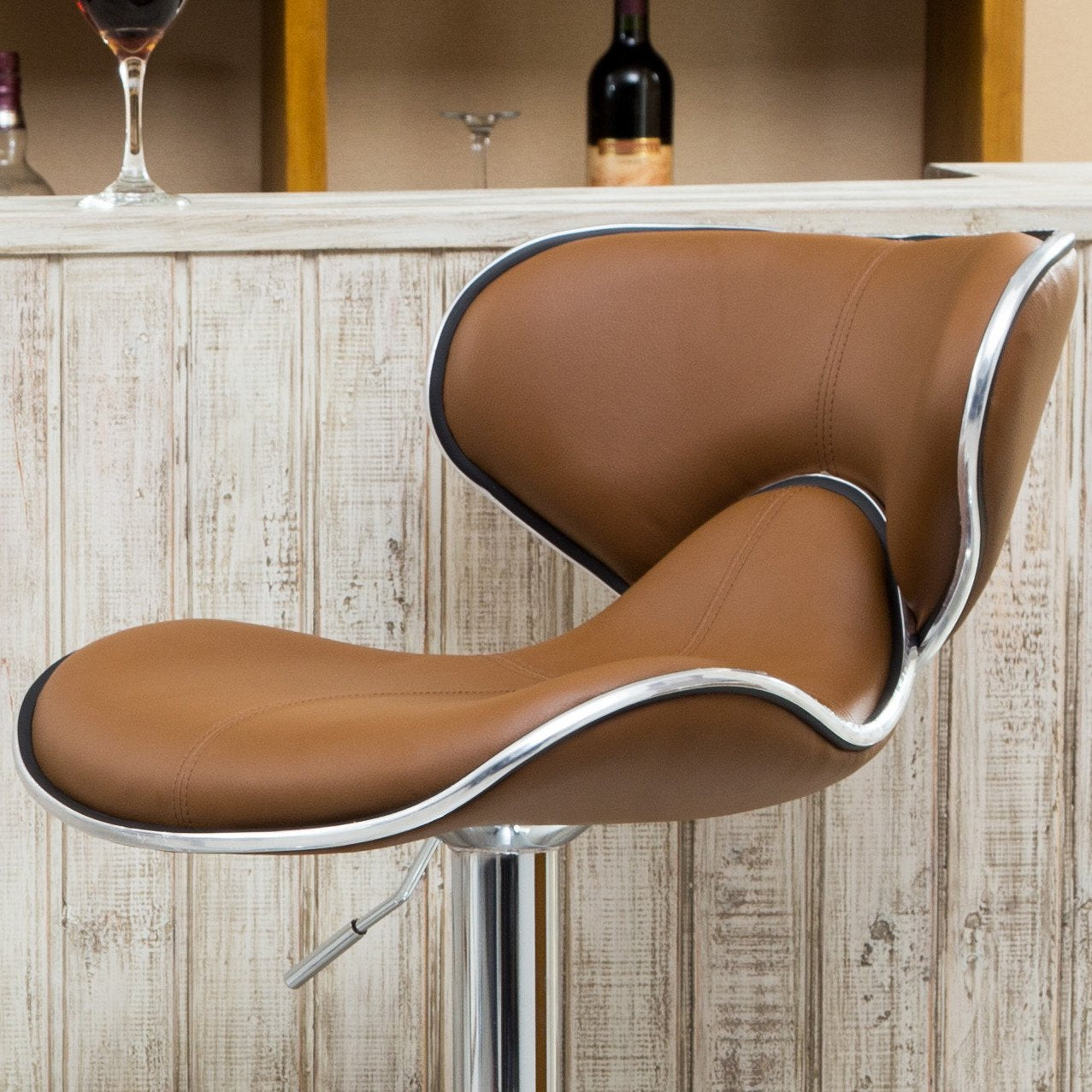 Roundhill Furniture Masaccio Cushioned Leatherette Upholstery Airlift Adjustable Swivel Barstool with Chrome Base, Caramel, Set of 2
