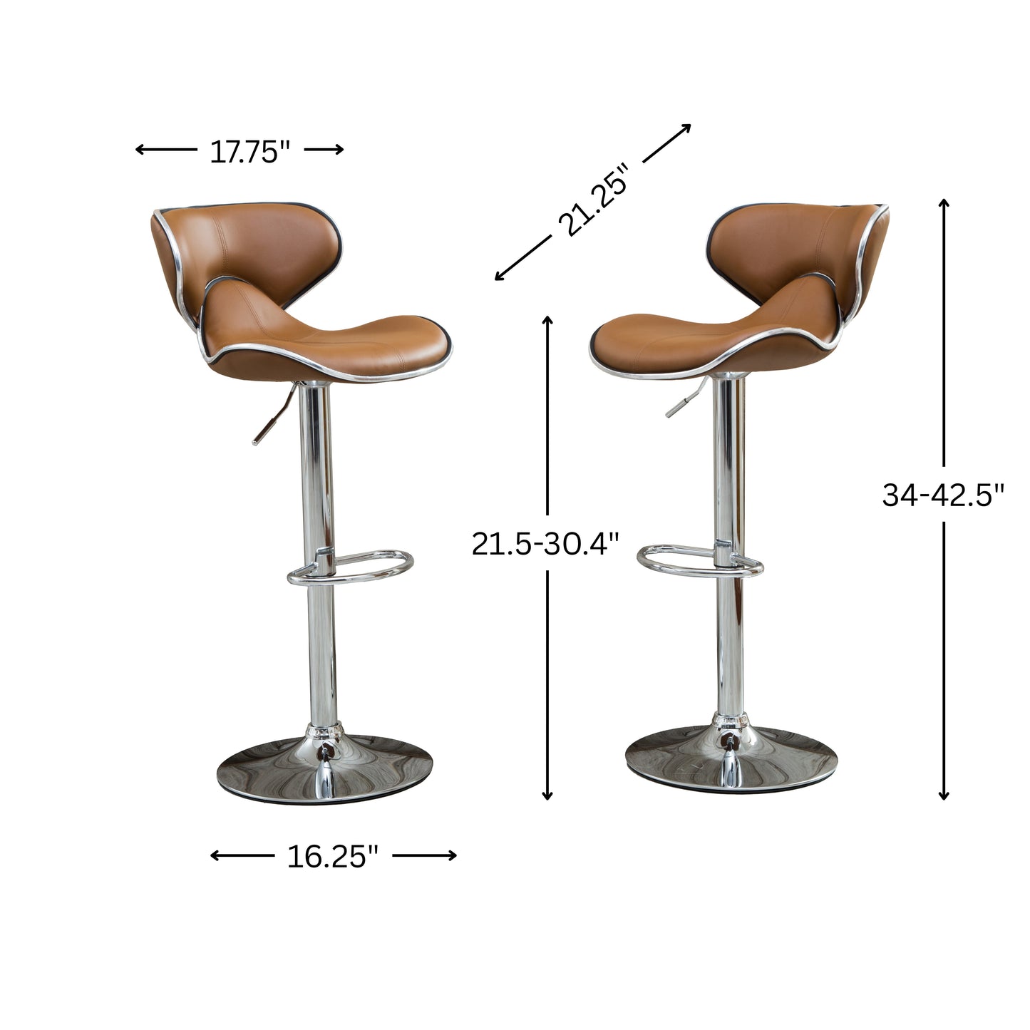 Masaccio Caramel Cushioned Leatherette Upholstery Airlift Adjustable Swivel Barstool with Chrome Base, Set of 2