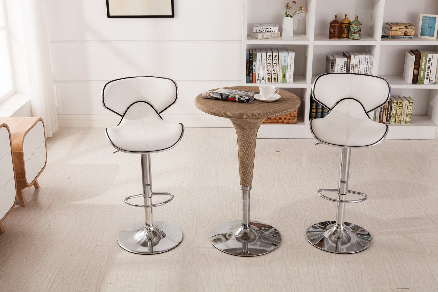 Masaccio White Cushioned Leatherette Upholstery Airlift Adjustable Swivel Barstool with Chrome Base, Set of 2