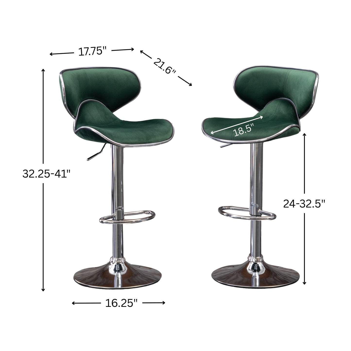 Masaccio Velvet Upholstered Adjustable Swivel Barstool, Set of 2, Green