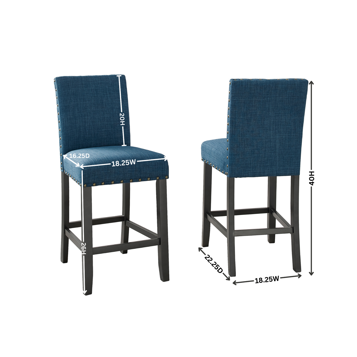 Biony Blue Fabric Counter Height Stools with Nailhead Trim, Set of 2