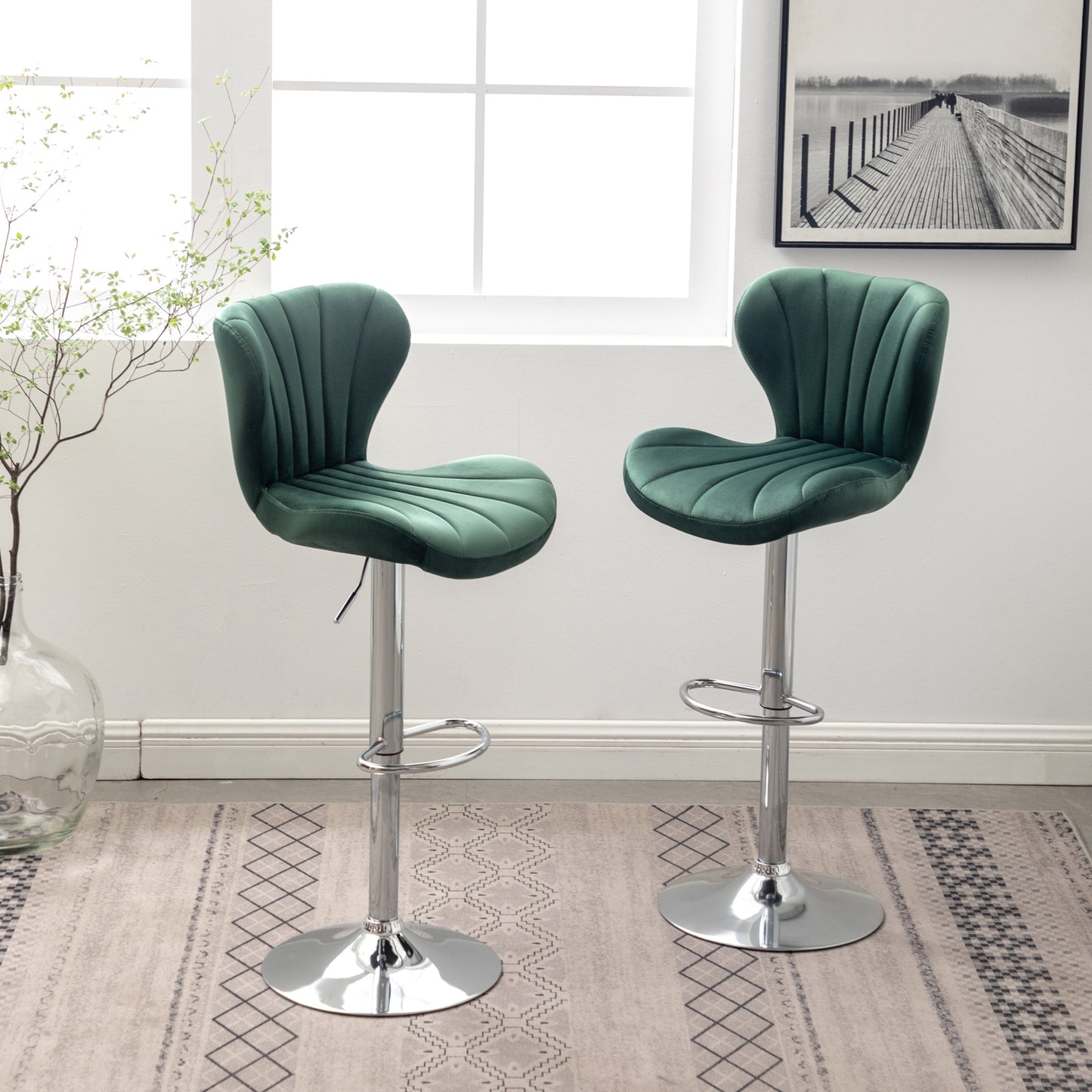 Roundhill Furniture Ellston Upholstered Adjustable Swivel Barstools in Green, Set of 2