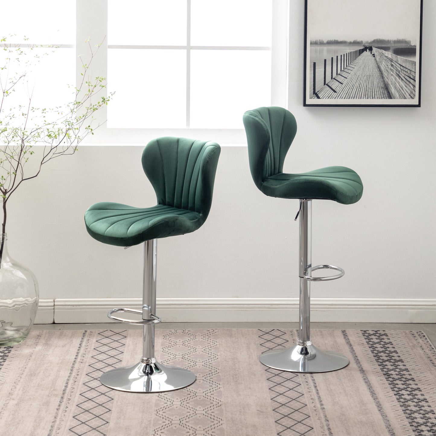 Roundhill Furniture Ellston Upholstered Adjustable Swivel Barstools in Green, Set of 2