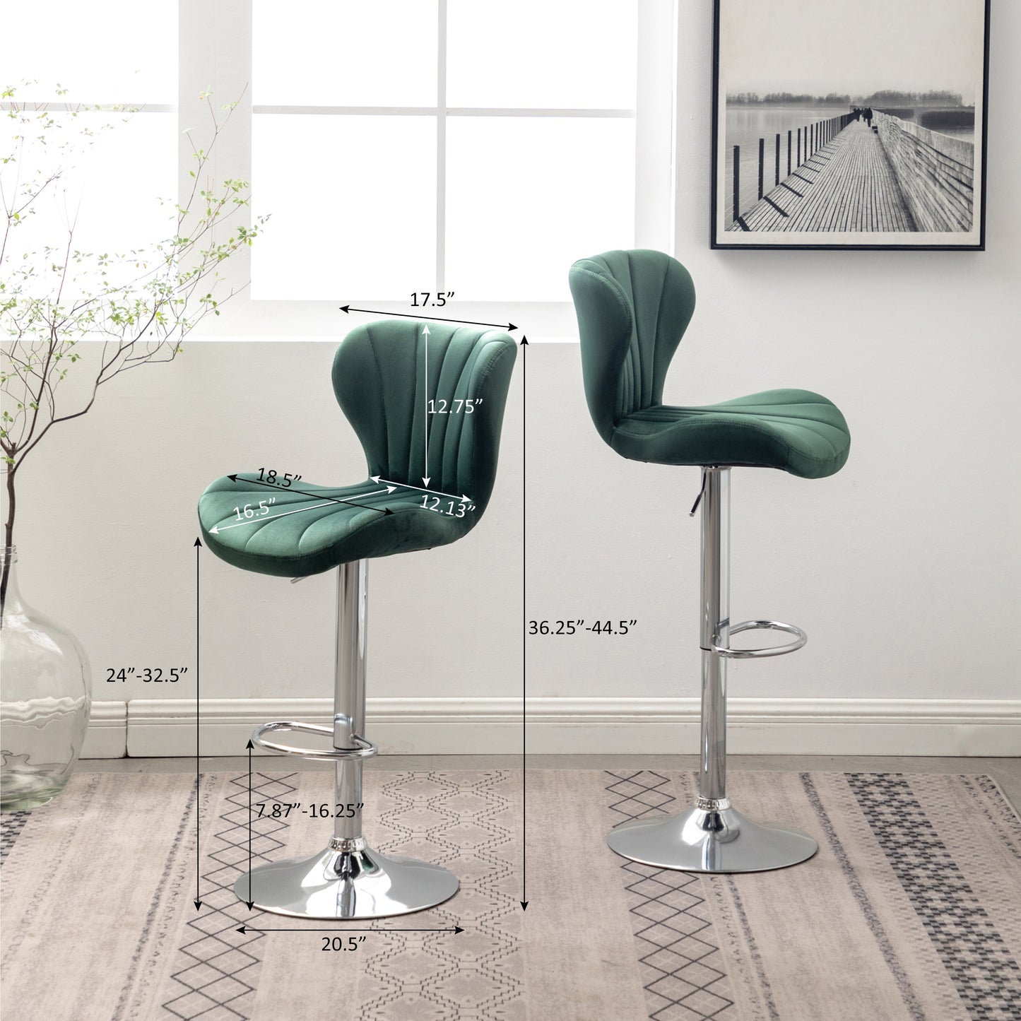 Roundhill Furniture Ellston Upholstered Adjustable Swivel Barstools in Green, Set of 2