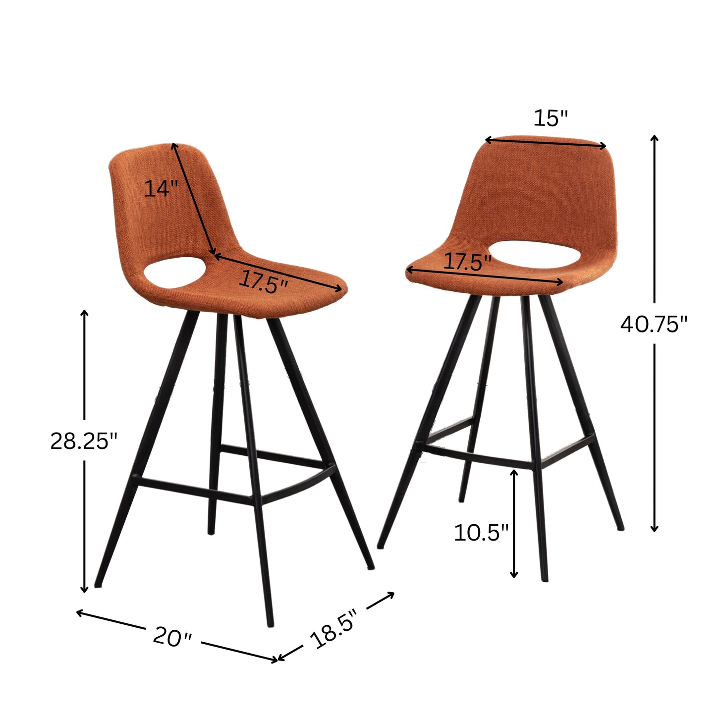 Roundhill Furniture Porth Fabric Kitchen 28.25" Barstools, Set of 2, Orange