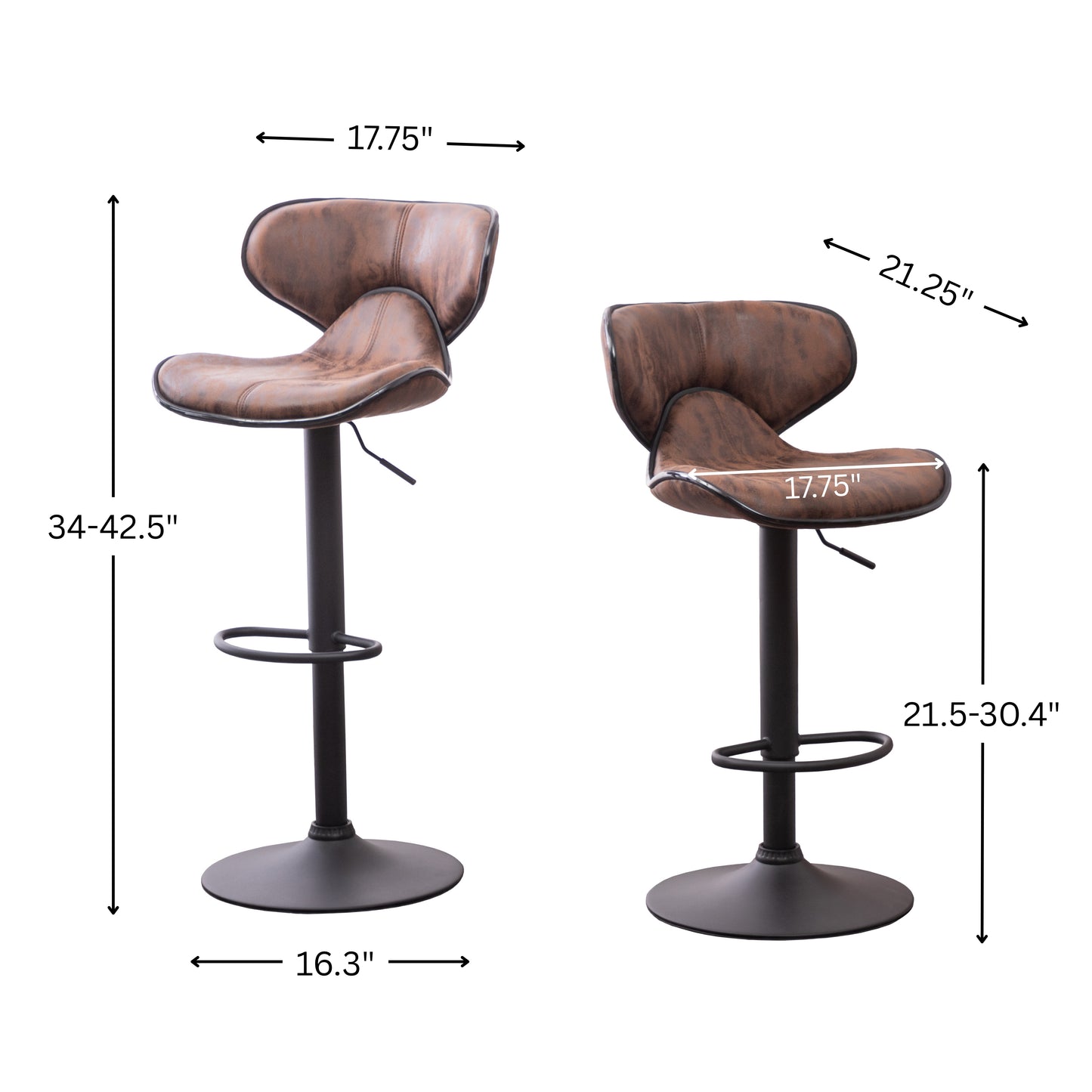 Masaccio Weathered Upholstery Airlift Adjustable Swivel Barstool with Chrome Base, Set of 2, Brown