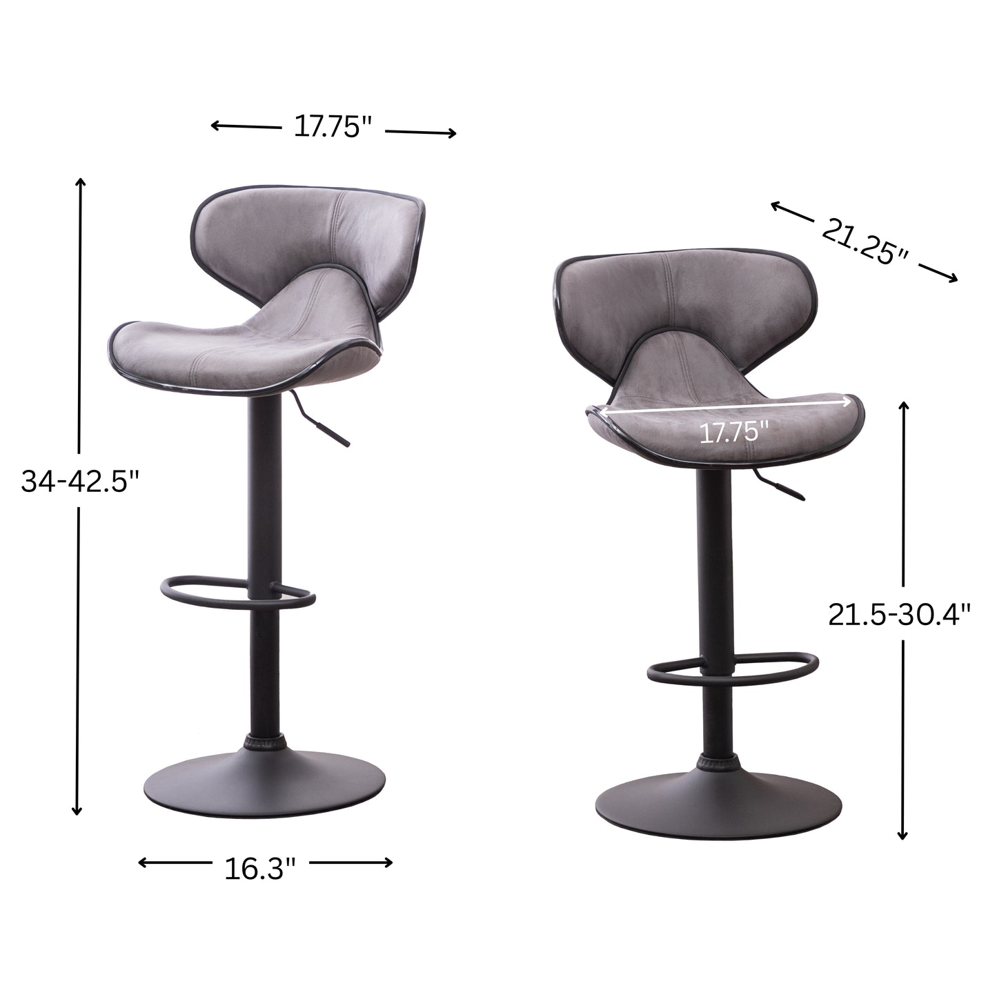 Masaccio Weathered Upholstery Airlift Adjustable Swivel Barstool with Chrome Base, Set of 2, Grey