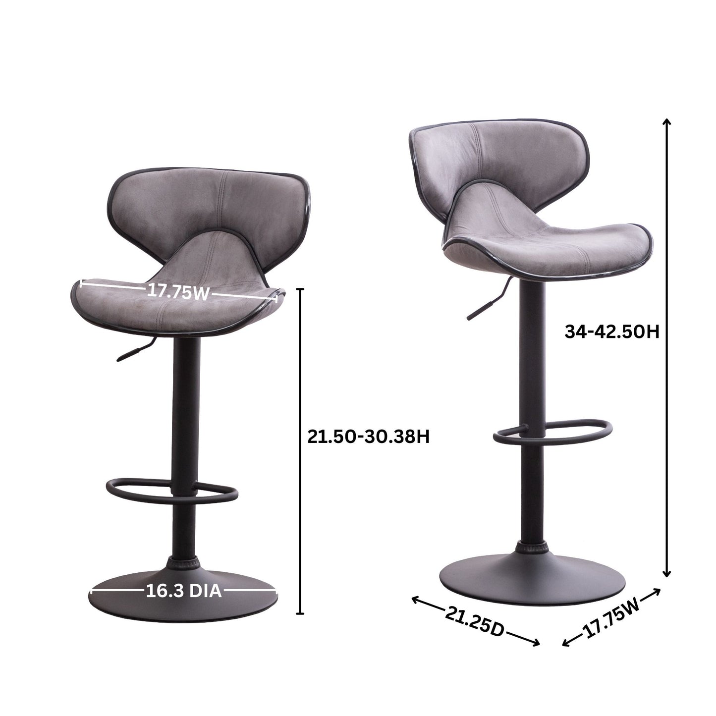 Roundhill Furniture Masaccio Upholstery Airlift Adjustable Swivel Barstool with Chrome Base, Weathered Gray, Set of 2