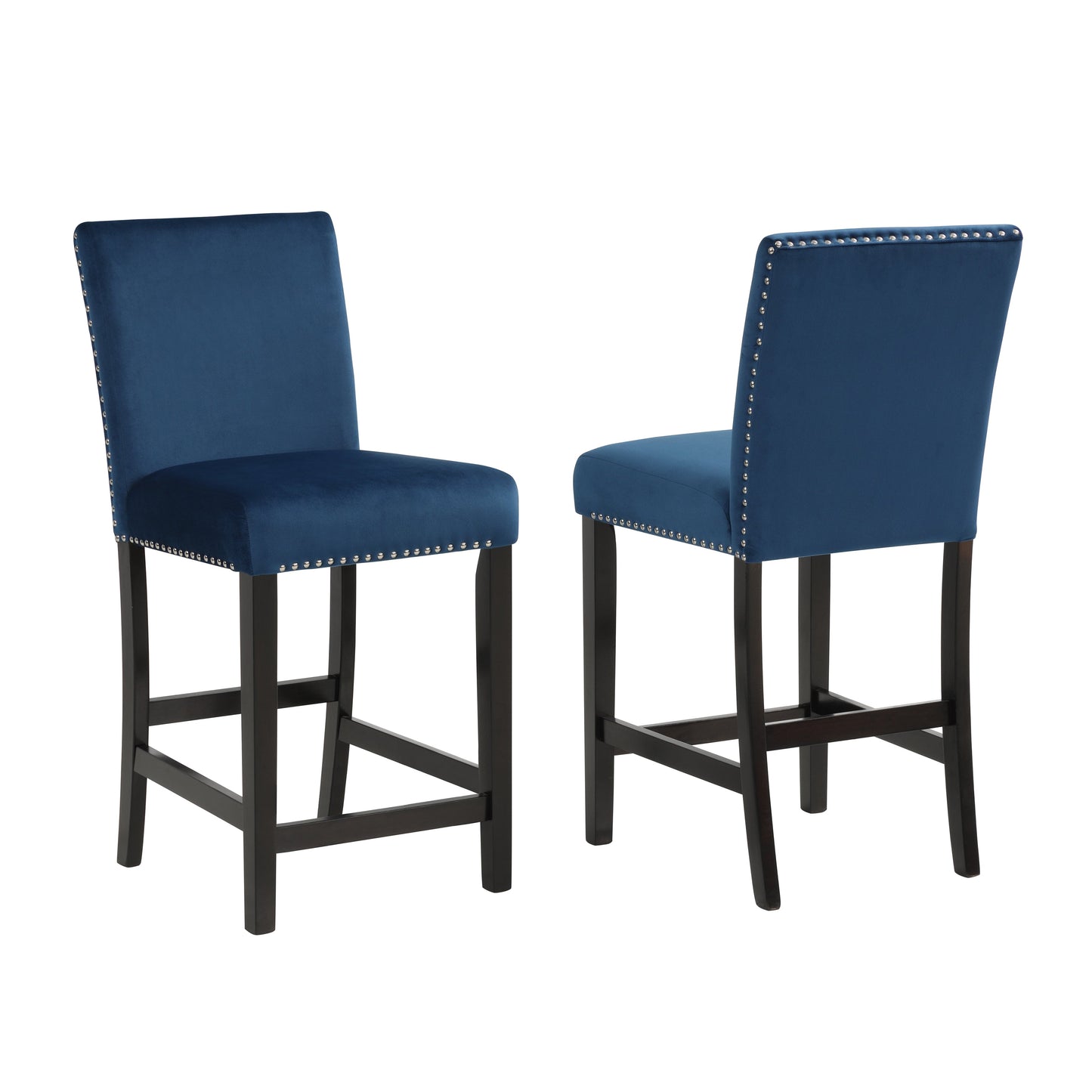 Roundhill Furniture Cobre Contemporary Velvet Counter Stool with Nailhead Trim, Blue, Set of 2