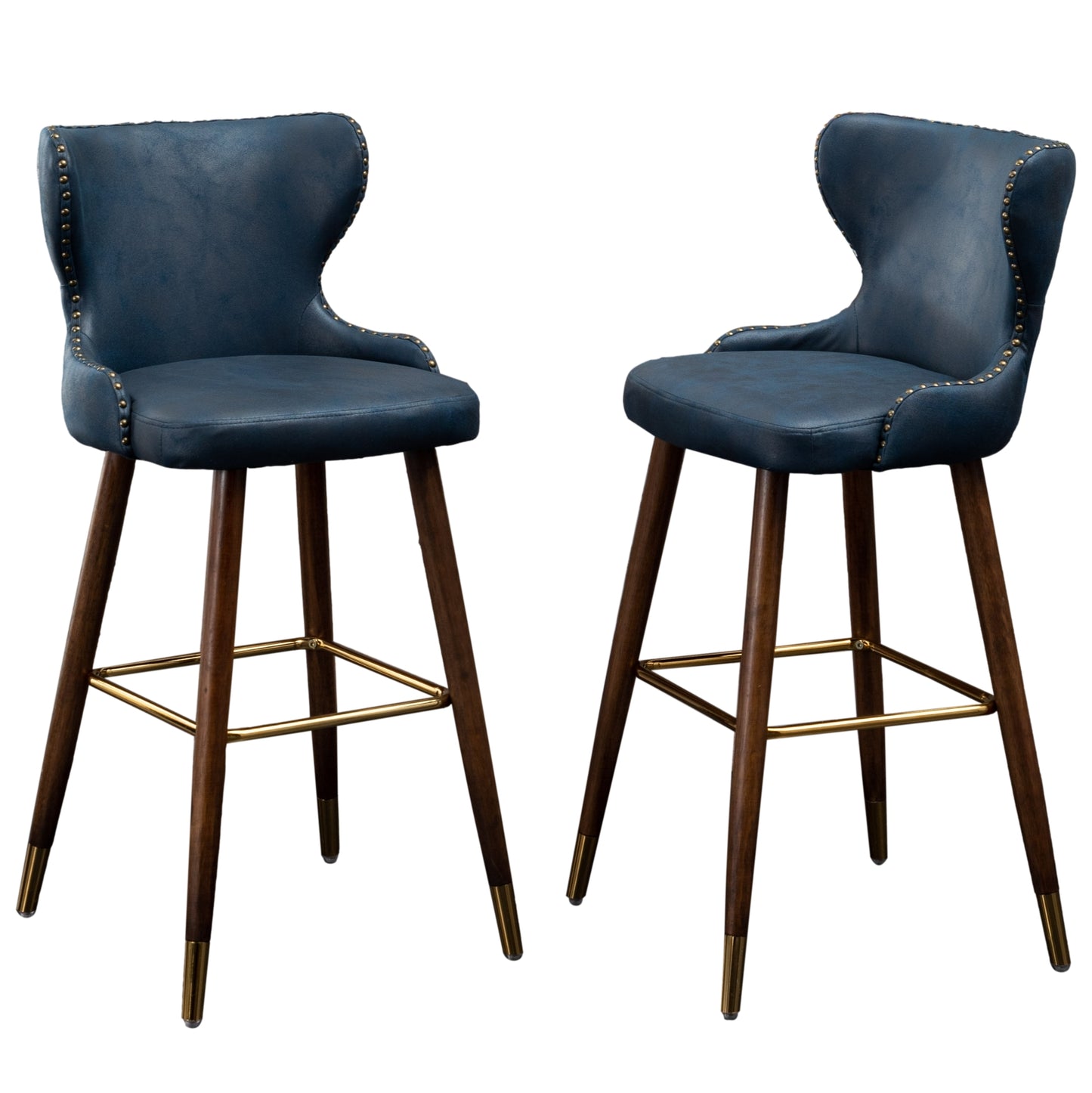 Roundhill Furniture Nevis Mid-century Modern Faux Leather Tufted Nailhead Trim Barstool, Blue, Set of 2