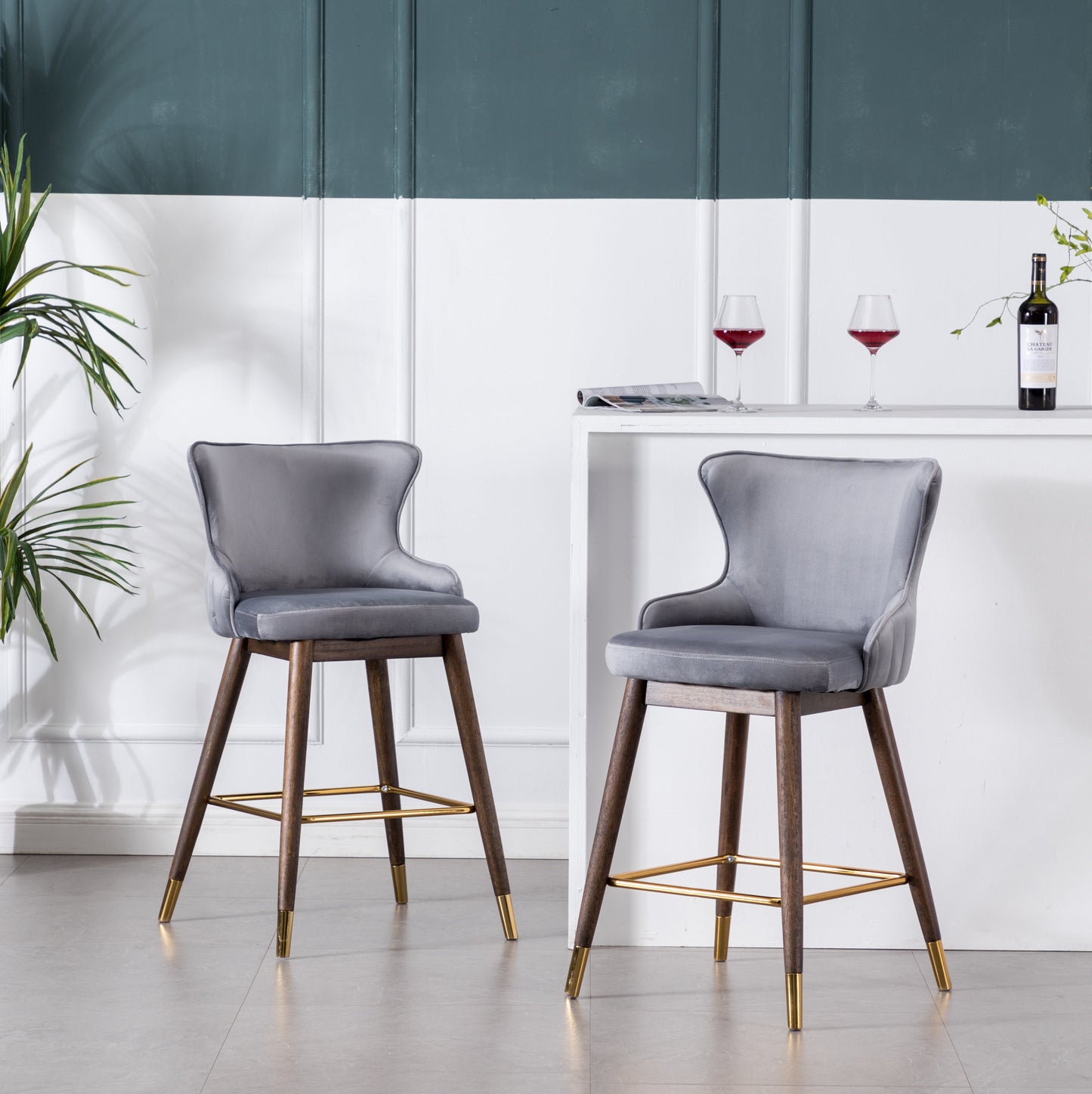 Roundhill Furniture Leland Fabric Upholstered Counter Height Wingback Stools, Gray, Set of 2