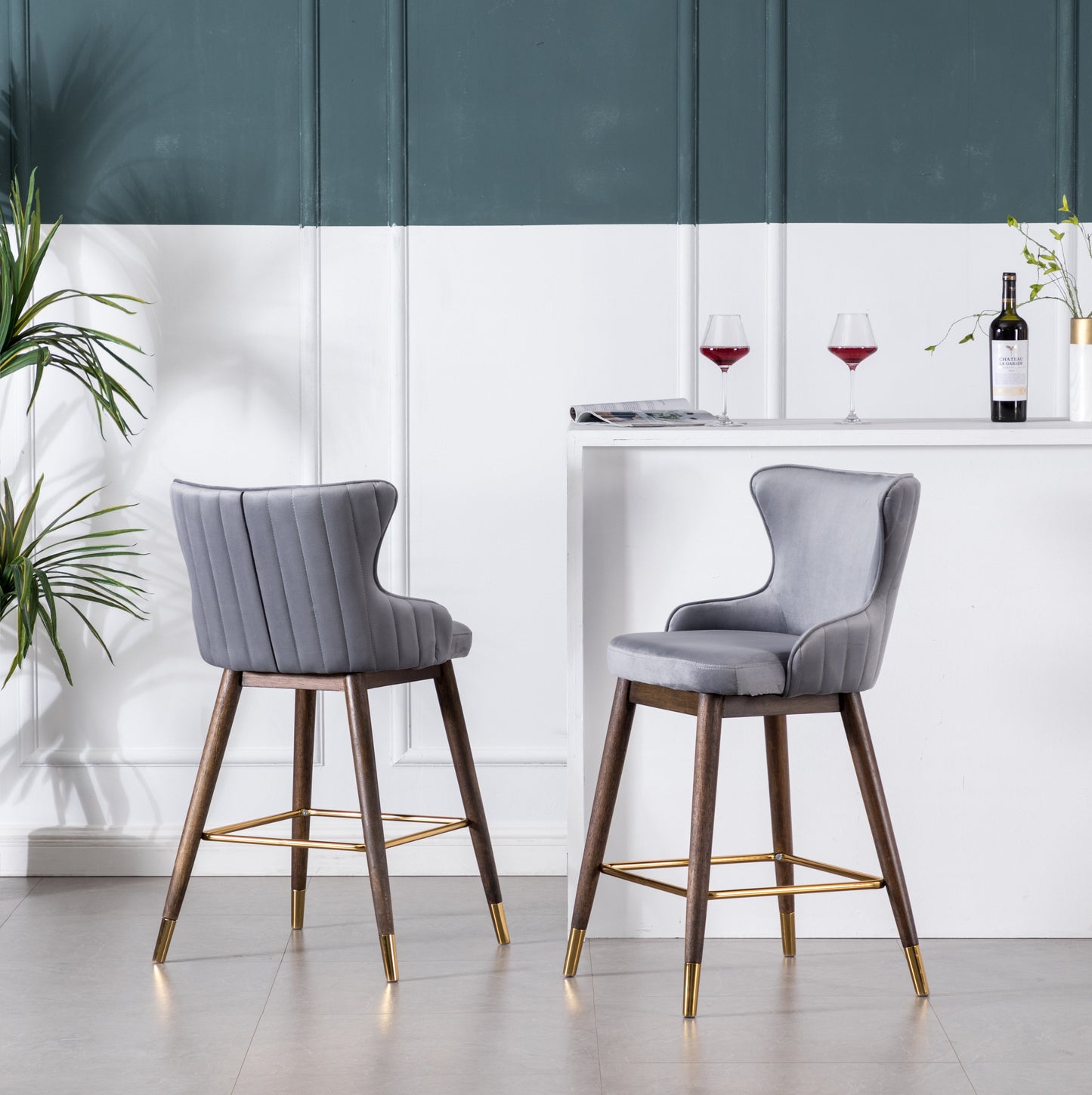 Roundhill Furniture Leland Fabric Upholstered Counter Height Wingback Stools, Gray, Set of 2