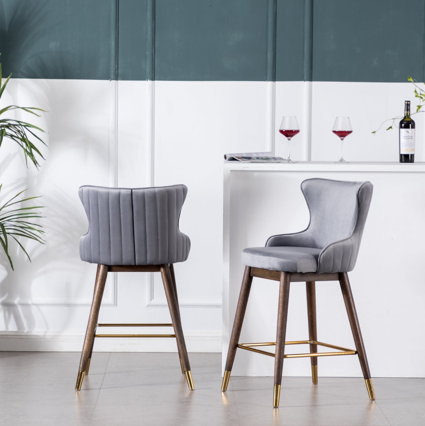 Roundhill Furniture Leland Fabric Upholstered Counter Height Wingback Stools, Gray, Set of 2