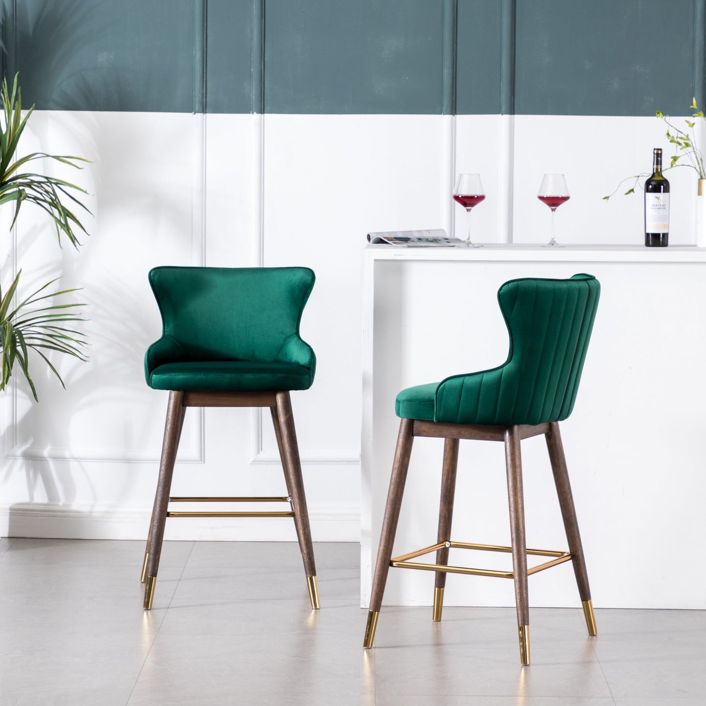 Roundhill Furniture Leland Fabric Upholstered Wingback Bar Stools, Green, Set of 2