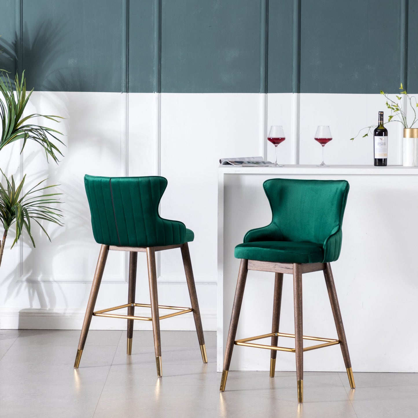 Roundhill Furniture Leland Fabric Upholstered Wingback Bar Stools, Green, Set of 2
