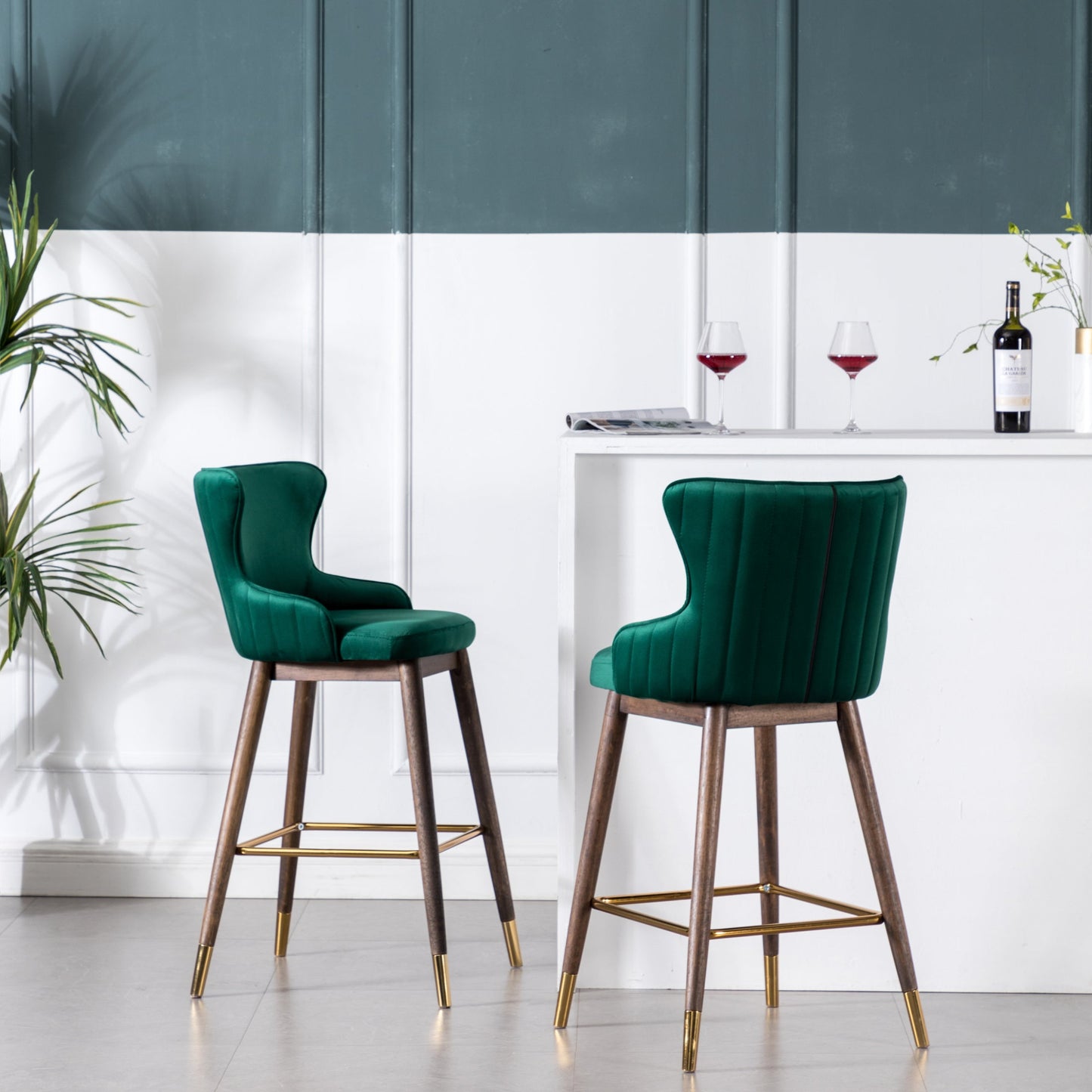 Roundhill Furniture Leland Fabric Upholstered Wingback Bar Stools, Green, Set of 2