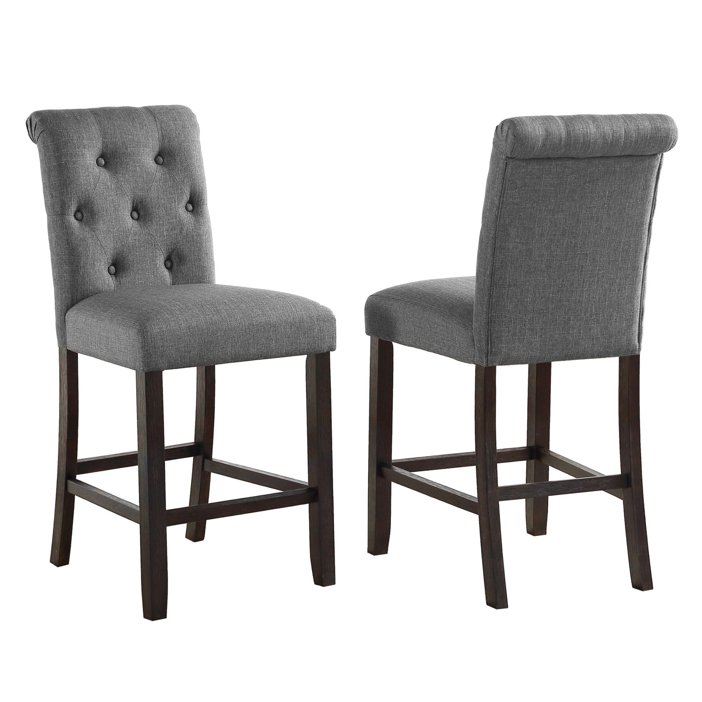 Roundhill Furniture Leviton Solid Wood Tufted Asons Counter Height Stool, Grey, Set of 2