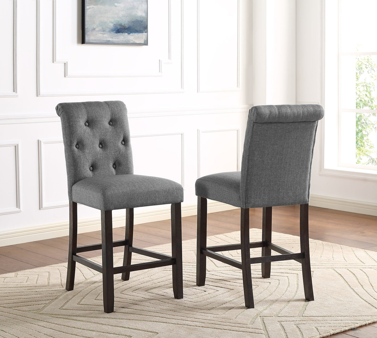 Roundhill Furniture Leviton Solid Wood Tufted Asons Counter Height Stool, Grey, Set of 2