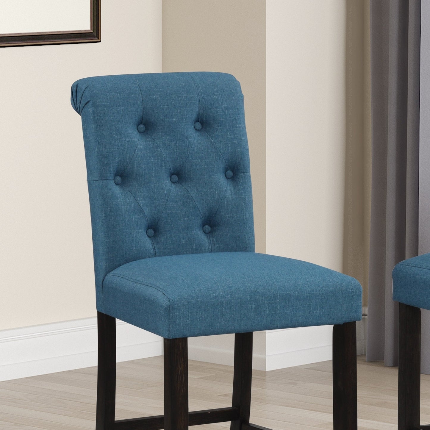 Roundhill Furniture Leviton Solid Wood Tufted Asons Barstool, Blue, Set of 2