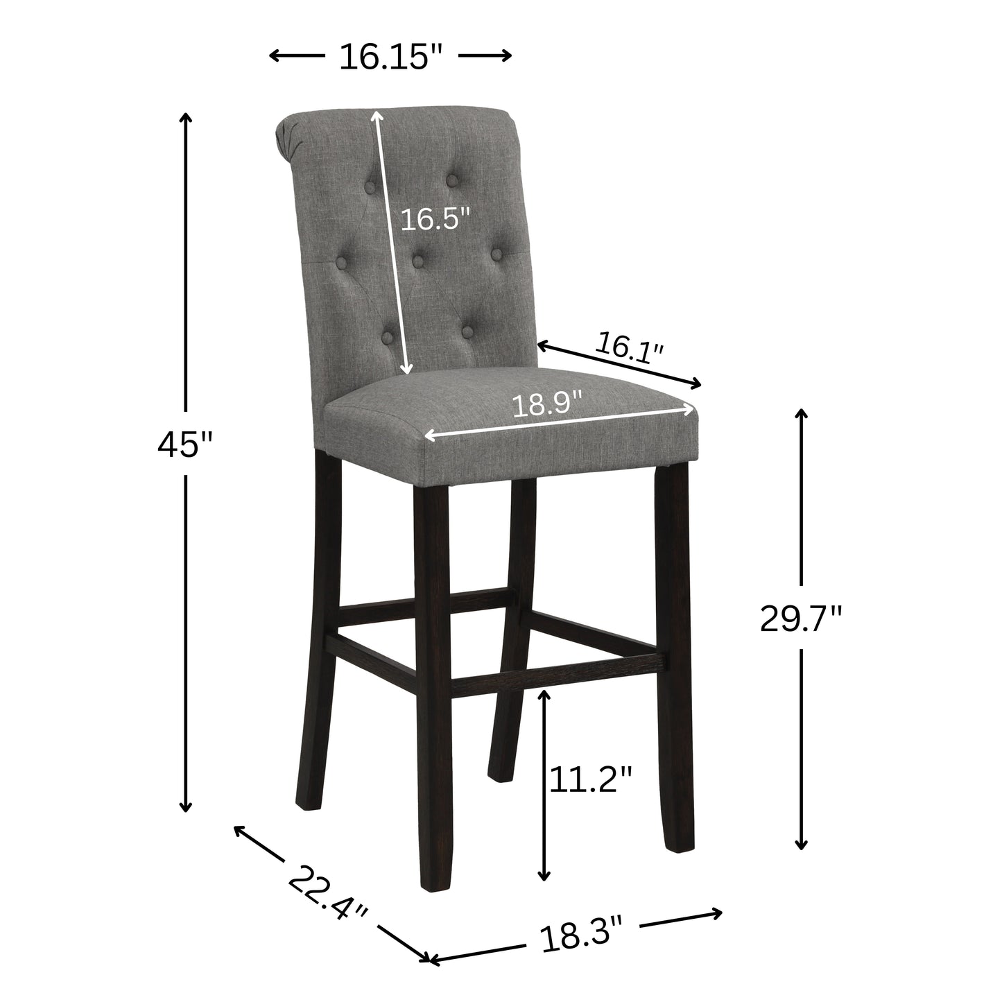 Leviton Solid Wood Tufted Asons Barstool, Set of 2, Grey