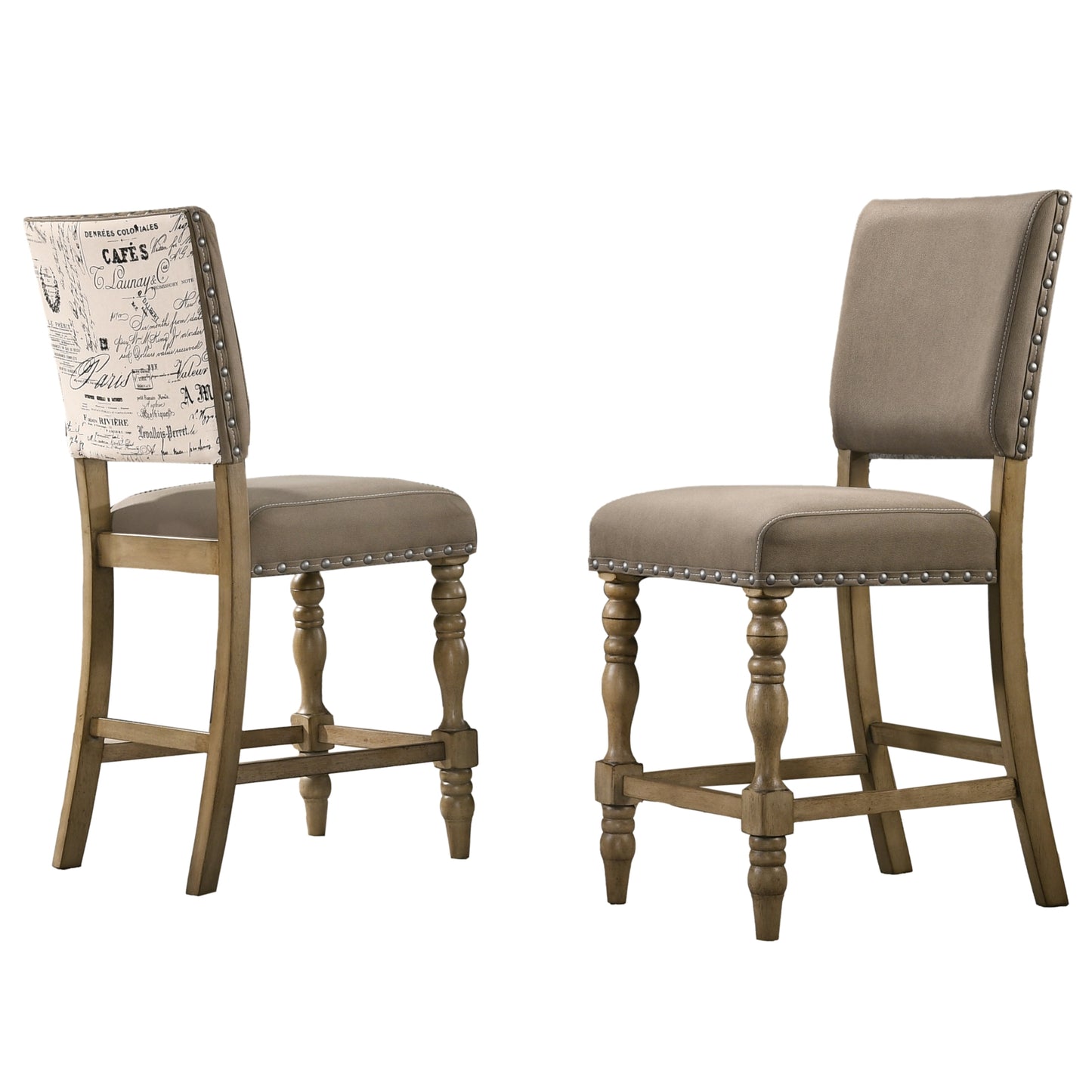 Roundhill Furniture Birmingham Script Printed Driftwood Finish Counter Height Dining Chair with Nail head, Set of 2