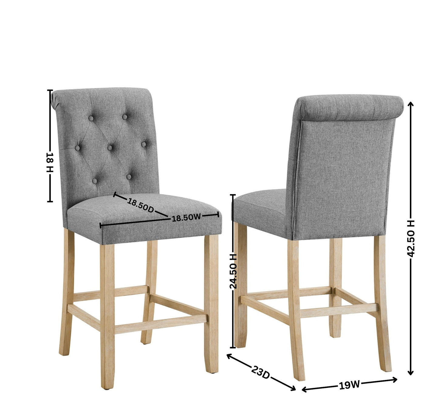 Roundhill Furniture Siena Counter Height Button Tufted Back Solid Wood Stools, Gray, Set of 2