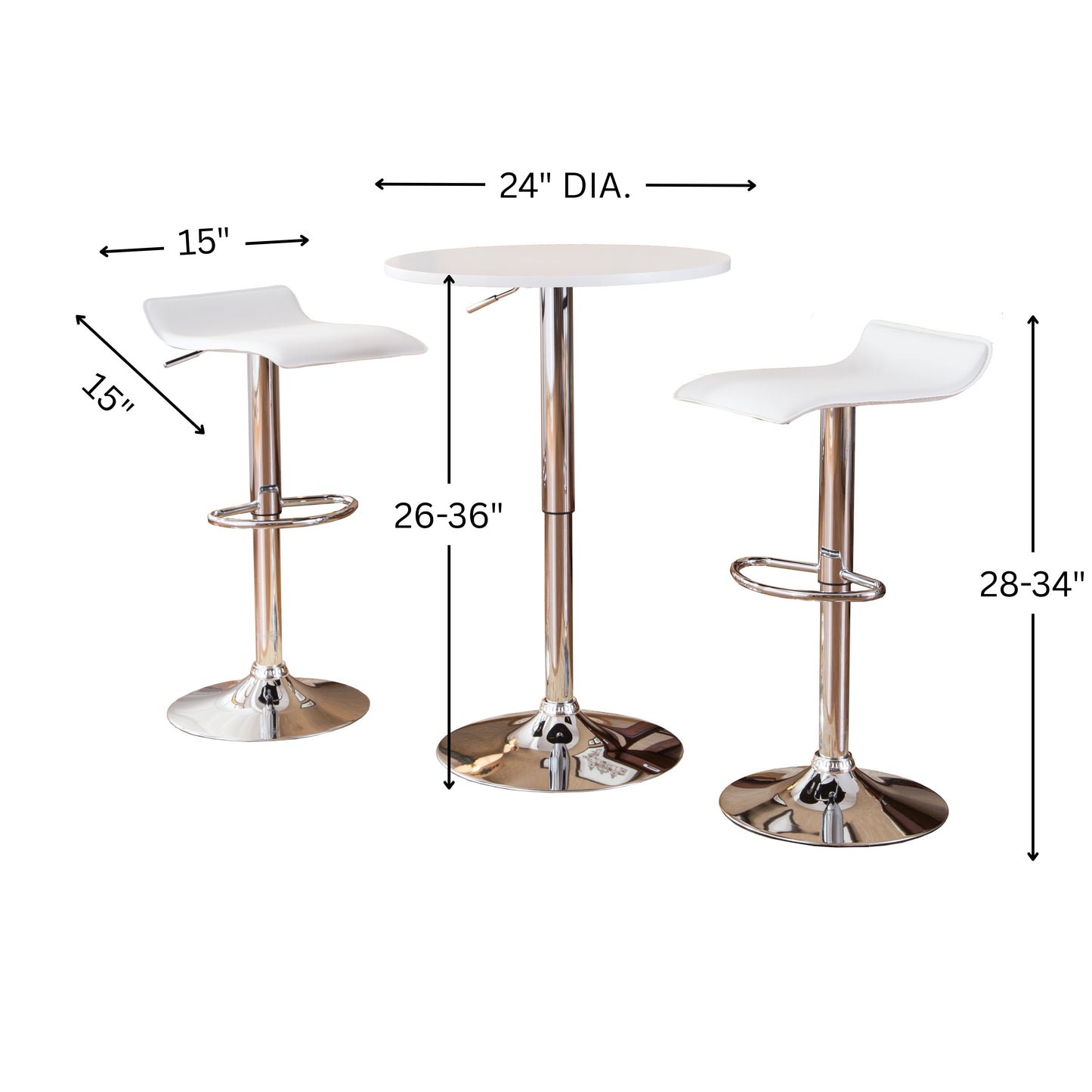 Baxton White Adjustable Height Wood and Chrome Metal Bar Table and 2 Chrome Air Lift Adjustable Swivel Stools Set