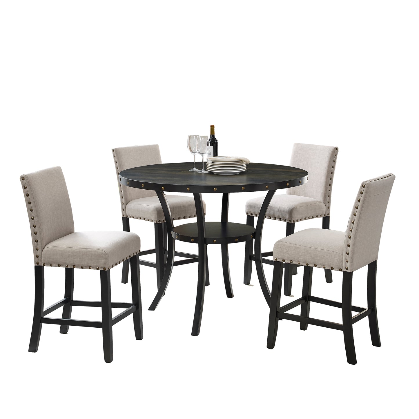 Roundhill Furniture Biony Espresso Wood Counter Height Dining Set with Tan Fabric Nailhead Stools