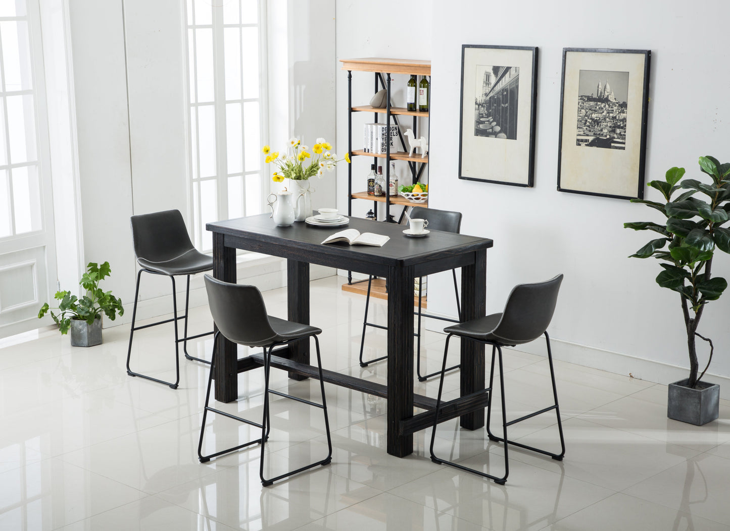 Bronco Antique Wood Finished Bar Dining Set: Table and Four Bar Stools, Grey