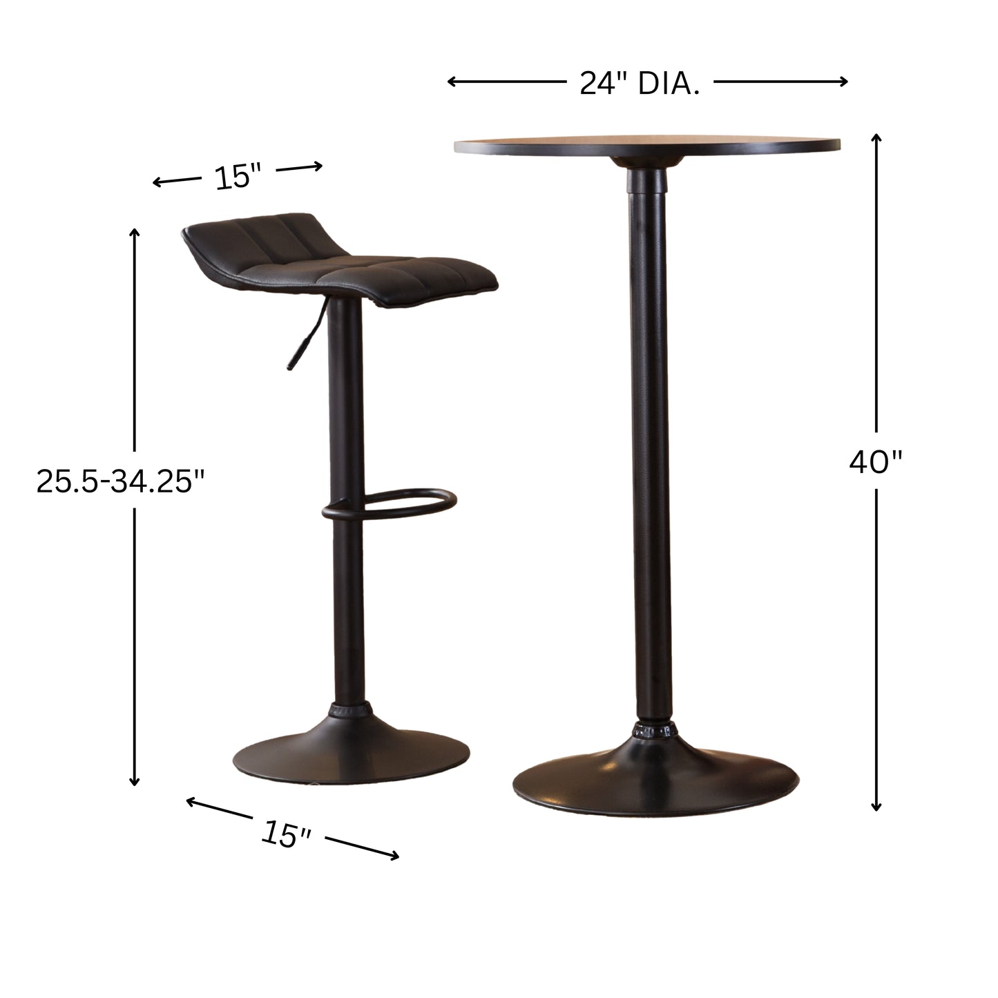 Belham Black Round Adjustable Metal Base 3-Piece Bar Table Set